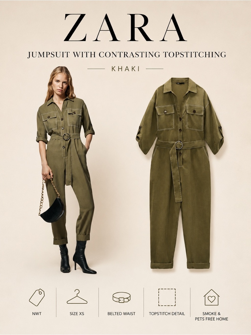 Zara Khaki Jumpsuit With Contrasting Topstitching Size XS Belted Utility Romper